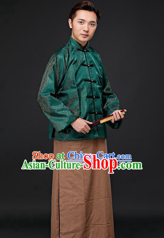 Chinese Ancient Republican Period Landlord Costumes Long Robe and Green Mandarin Jacket for Men