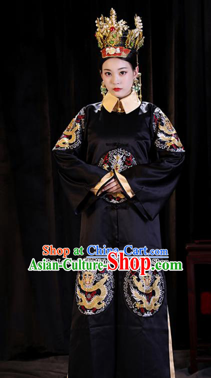 Chinese Ancient Manchu Queen Clothing Qing Dynasty Drama Empress Embroidered Costumes and Headpiece Complete Set