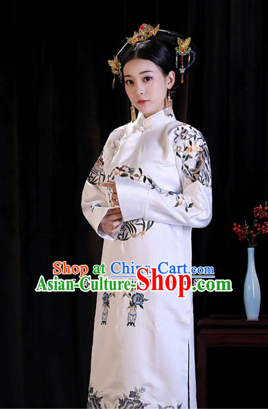 Chinese Ancient Manchu Lady Embroidered Dresses Qing Dynasty Drama Princess Costumes and Headpiece Complete Set