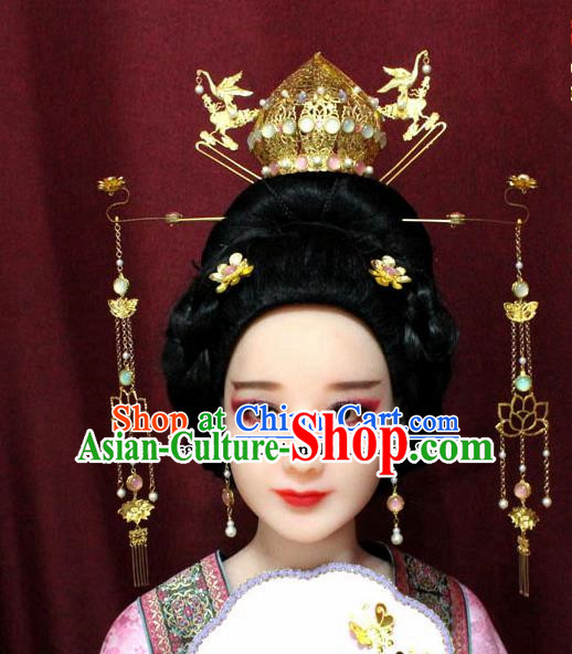 Chinese Ancient Tang Dynasty Wedding Hair Accessories Queen Lotus Phoenix Coronet Hairpins Complete Set for Women