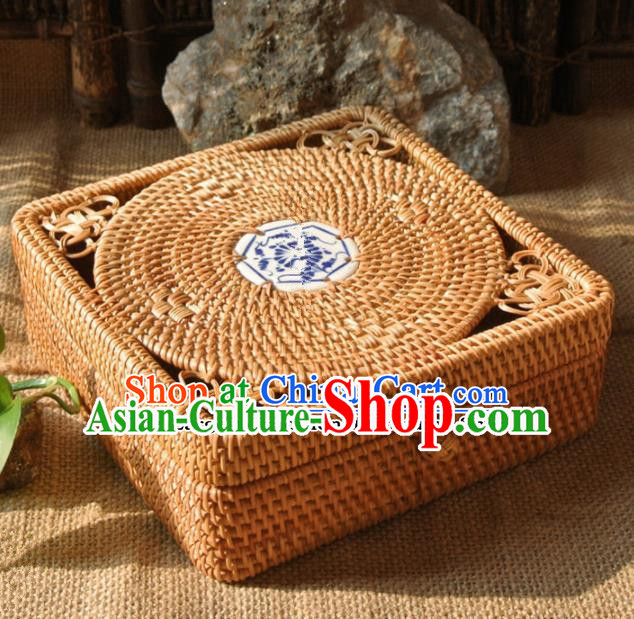 Asian Vietnamese Traditional Craft Rattan Tea Box Straw Plaited Storage Box