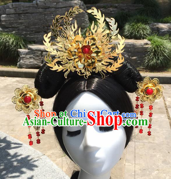 Chinese Ancient Tang Dynasty Queen Hair Accessories Golden Hairpins Phoenix Coronet for Women