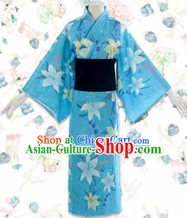 Japanese Traditional Cosplay Costumes Japan Kimono Blue Robe for Women