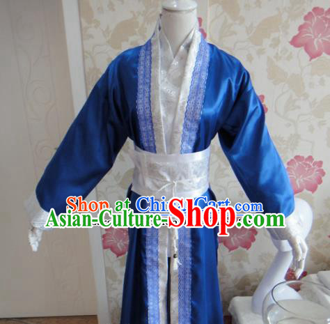 Chinese Traditional Cosplay Assassin Costumes Ancient Swordsman Blue Clothing for Men