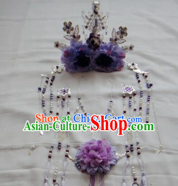 Chinese Traditional Classical Hair Accessories Ancient Princess Purple Flowers Phoenix Coronet Hairpins for Women