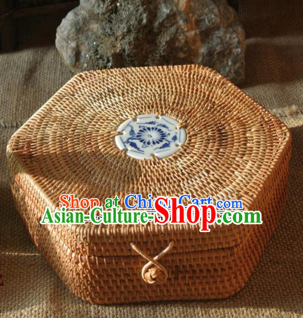 Asian Vietnamese Traditional Craft Rattan Artware Straw Plaited Storage Box