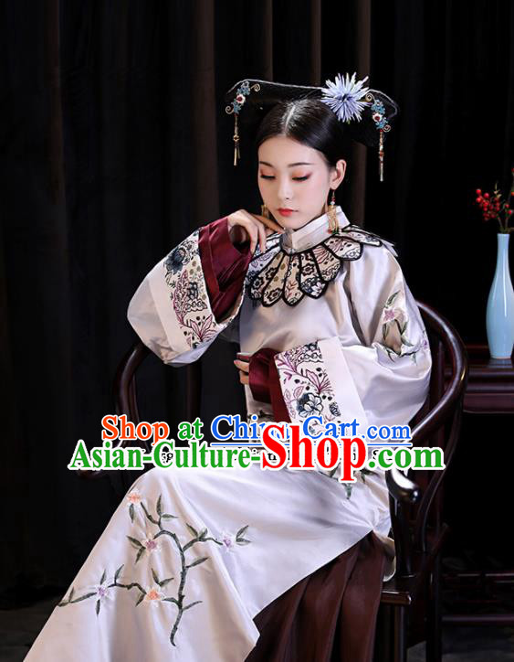 Chinese Ancient Palace Lady Embroidered Dresses Qing Dynasty Drama Manchu Imperial Consort Costumes and Headpiece Complete Set