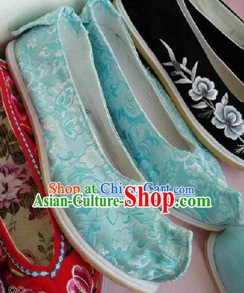 Chinese Traditional Hanfu Shoes Embroidered Shoes Handmade Blue Satin Shoes for Women