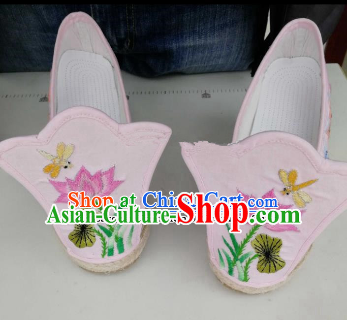 Chinese Traditional Hanfu Pink Shoes Embroidered Lotus Shoes Handmade Cloth Shoes for Women