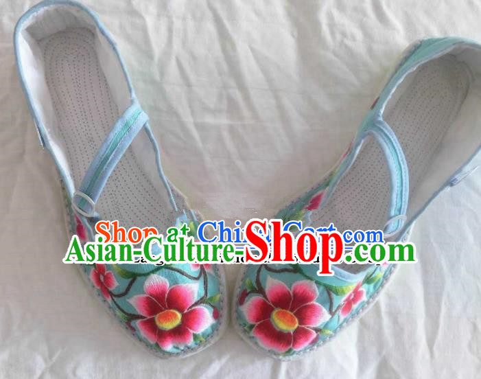 Chinese Traditional Hanfu Shoes Embroidered Blue Shoes Handmade Cloth Shoes for Women