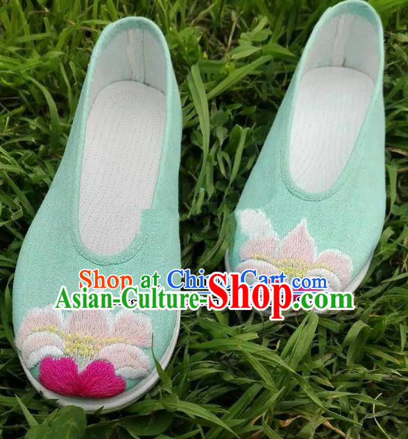 Chinese Traditional Hanfu Shoes Ancient Princess Green Embroidered Shoes Handmade Cloth Shoes for Women
