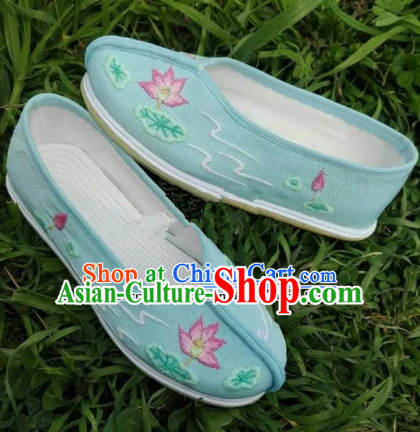 Chinese Traditional Hanfu Shoes Ancient Princess Blue Embroidered Shoes Handmade Cloth Shoes for Women