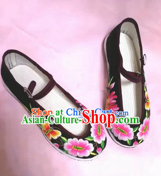 Chinese Traditional Hanfu Shoes Embroidered Peony Shoes Handmade Black Cloth Shoes for Women