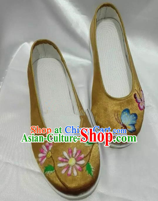 Chinese Traditional Hanfu Shoes Embroidered Peony Shoes Handmade Golden Satin Shoes for Women