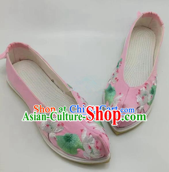 Chinese Traditional Hanfu Shoes Embroidered Lotus Shoes Handmade Pink Cloth Shoes for Women