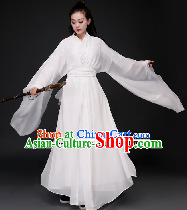 Chinese Ancient Drama Peri Goddess White Dress Traditional Jin Dynasty Swordswoman Costumes for Women