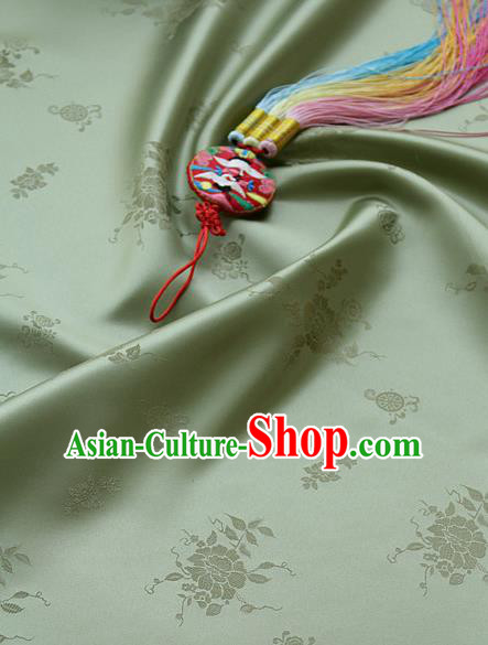 Traditional Asian Classical Peony Pattern Cloth Drapery Green Brocade Korean Hanbok Palace Satin Silk Fabric