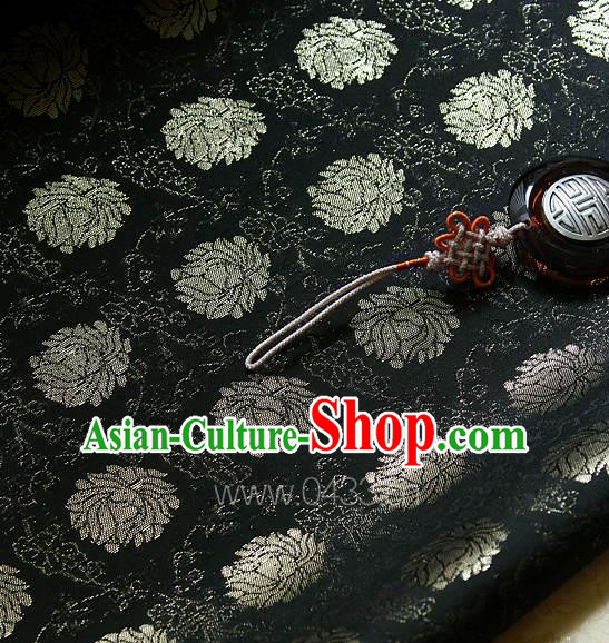 Traditional Asian Classical Lotus Pattern Cloth Drapery Black Brocade Korean Hanbok Palace Satin Silk Fabric