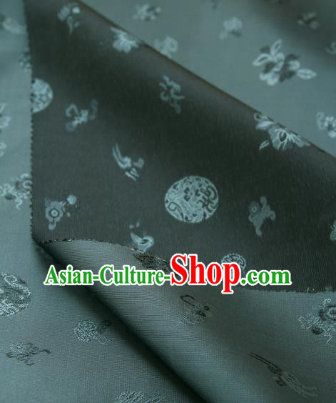 Traditional Asian Classical Flowers Pattern Cloth Drapery Navy Blue Brocade Korean Hanbok Palace Satin Silk Fabric