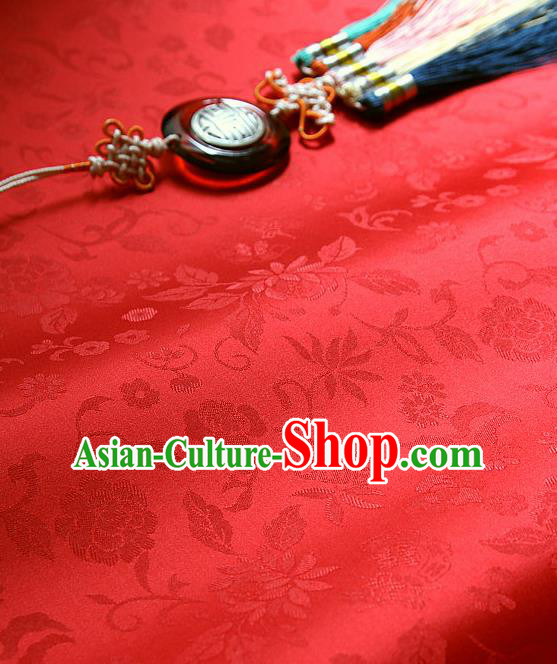 Traditional Asian Classical Flowers Pattern Cloth Drapery Red Brocade Korean Hanbok Palace Satin Silk Fabric