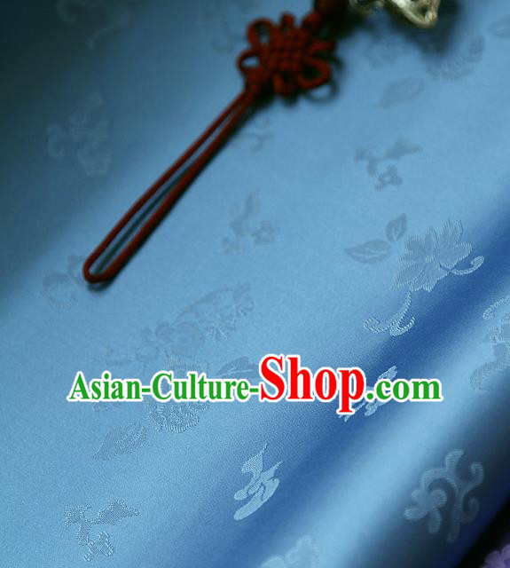 Traditional Asian Classical Chrysanthemum Pattern Blue Brocade Cloth Drapery Korean Hanbok Palace Satin Silk Fabric