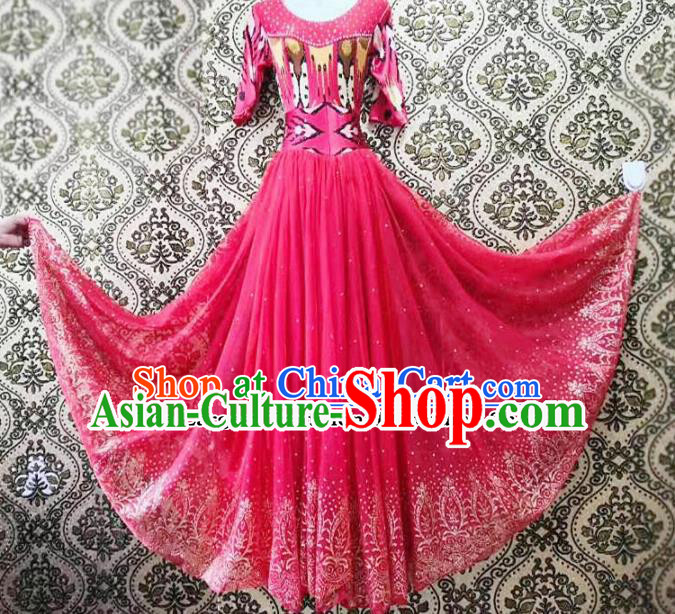 Chinese Ethnic Folk Dance Watermelon Red Dress Traditional National Uyghur Nationality Costumes for Women