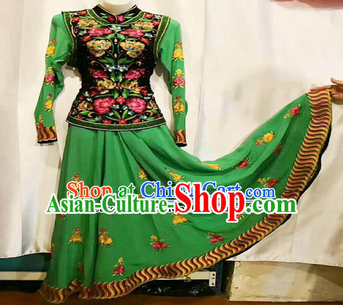 Chinese Ethnic Folk Dance Embroidered Green Dress Traditional National Uyghur Nationality Costumes for Women