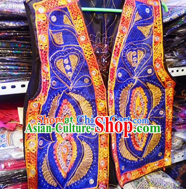 Chinese Ethnic Minority Folk Dance Embroidered Royalblue Vest Traditional Uyghur Nationality Costume for Women