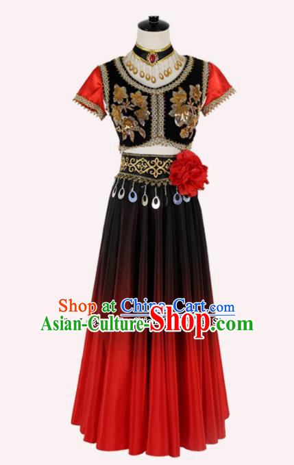 Chinese Ethnic Minority Embroidered Dress Traditional Uyghur Nationality Folk Dance Costume for Women