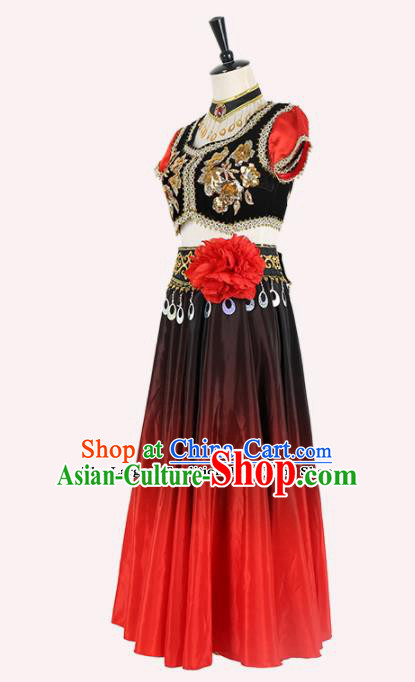 Chinese Ethnic Minority Embroidered Dress Traditional Uyghur Nationality Folk Dance Costume for Women