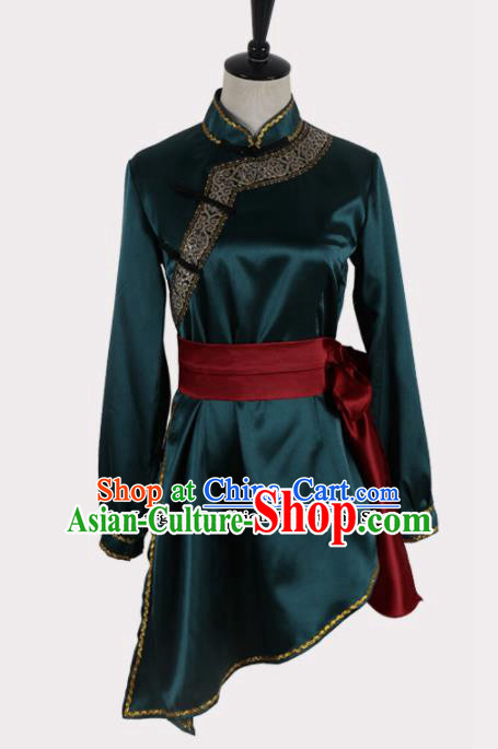 Chinese Ethnic Minority Embroidered Atrovirens Blouse Traditional Mongols Nationality Folk Dance Costume for Women