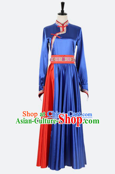 Chinese Ethnic Minority Royalblue Dress Traditional Mongols Nationality Folk Dance Costume for Women