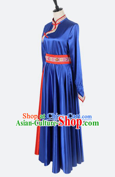 Chinese Ethnic Minority Royalblue Dress Traditional Mongols Nationality Folk Dance Costume for Women