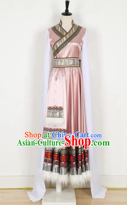 Chinese Tibetan Ethnic Minority Pink Dress Traditional Zang Nationality Folk Dance Costume for Women