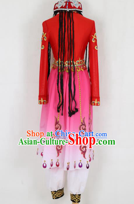 Chinese Uigurian Ethnic Minority Red Dress Traditional Uyghur Nationality Folk Dance Costume for Women