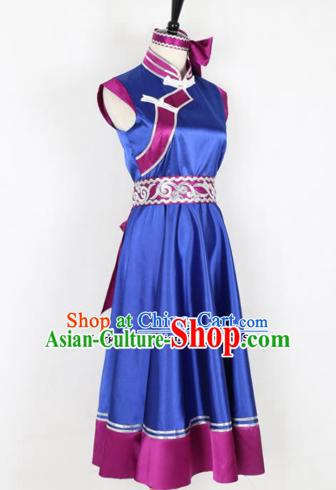 Chinese Mongolian Ethnic Minority Blue Dress Traditional Mongol Nationality Folk Dance Costume for Women