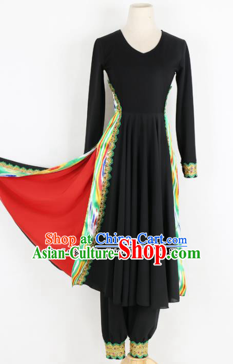 Chinese Ethnic Minority Black Dress Traditional Uyghur Nationality Folk Dance Costume for Women