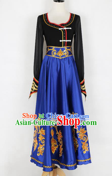 Chinese Mongolian Ethnic Minority Blue Dress Traditional Nationality Folk Dance Costume for Women