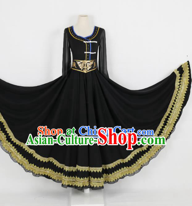 Chinese Mongolian Ethnic Minority Black Dress Traditional Nationality Folk Dance Costume for Women