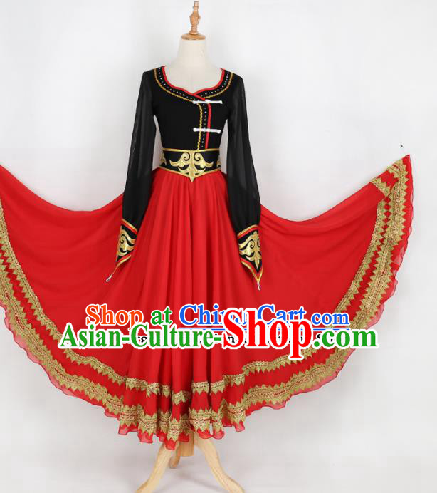 Chinese Mongolian Ethnic Minority Red Dress Traditional Nationality Folk Dance Costume for Women