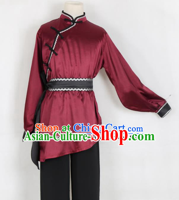 Chinese Traditional Mongolian Folk Dance Clothing Classical Dance Wine Red Costume for Men