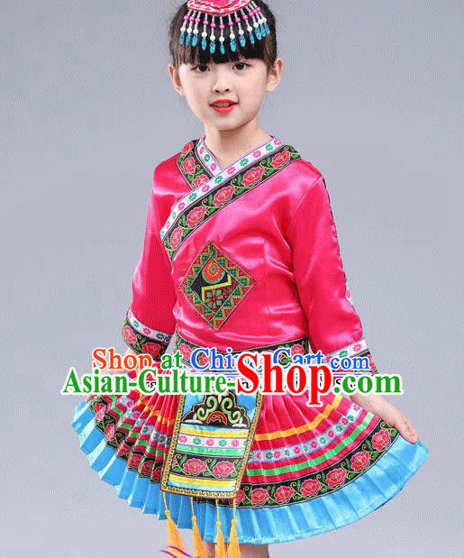 Chinese Traditional Miao Nationality Folk Dance Rosy Pleated Skirt Ethnic Dance Costumes for Kids