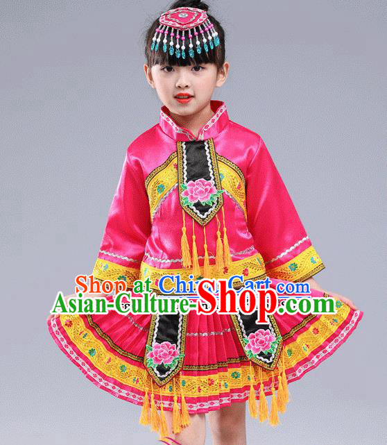 Chinese Traditional Miao Nationality Folk Dance Pink Pleated Skirt Ethnic Dance Embroidered Costumes for Kids