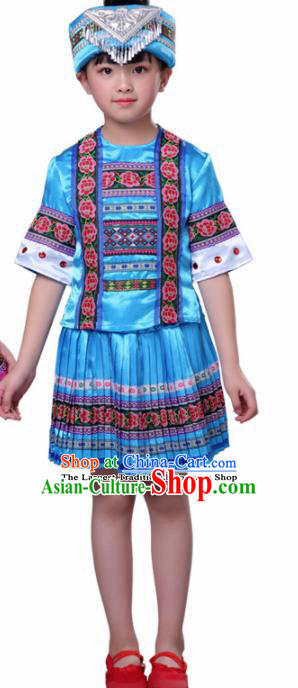 Chinese Traditional Yao Nationality Folk Dance Blue Dress Ethnic Dance Costumes for Kids