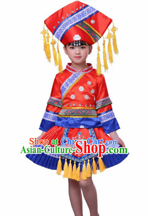 Chinese Traditional Zhuang Nationality Folk Dance Red Dress Ethnic Dance Costumes for Kids