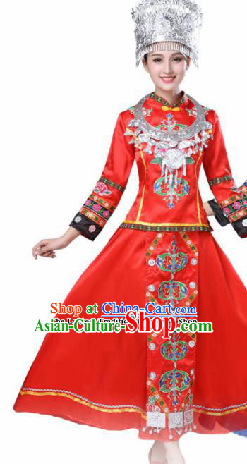 Chinese Hmong Ethnic Minority Red Dress Traditional Dong Nationality Folk Dance Costumes for Women