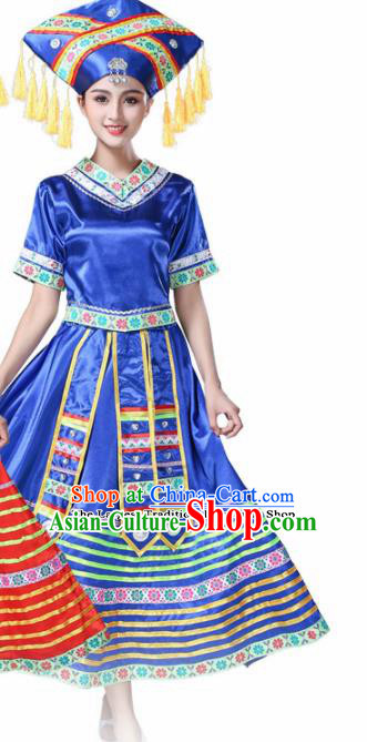 Chinese Ethnic Minority Blue Dress Traditional Zhuang Nationality Folk Dance Costumes for Women