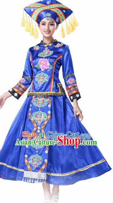 Chinese Ethnic Minority Blue Embroidered Dress Traditional Zhuang Nationality Folk Dance Costumes for Women