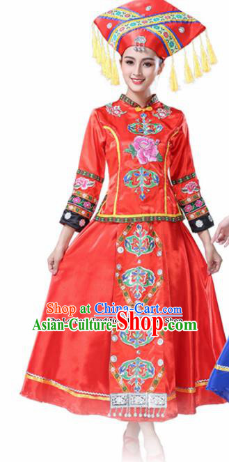 Chinese Ethnic Minority Red Embroidered Dress Traditional Zhuang Nationality Folk Dance Costumes for Women