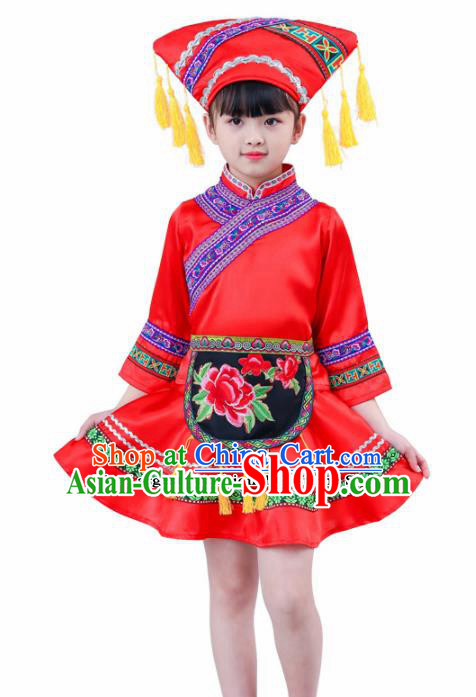 Chinese Traditional Zhuang Nationality Folk Dance Red Dress Ethnic Dance Costumes for Kids